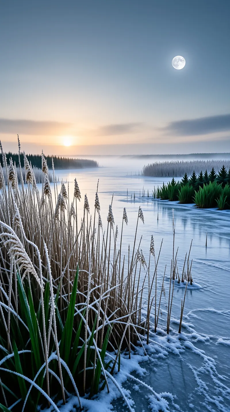 Frozen Lake Sunrise Moon