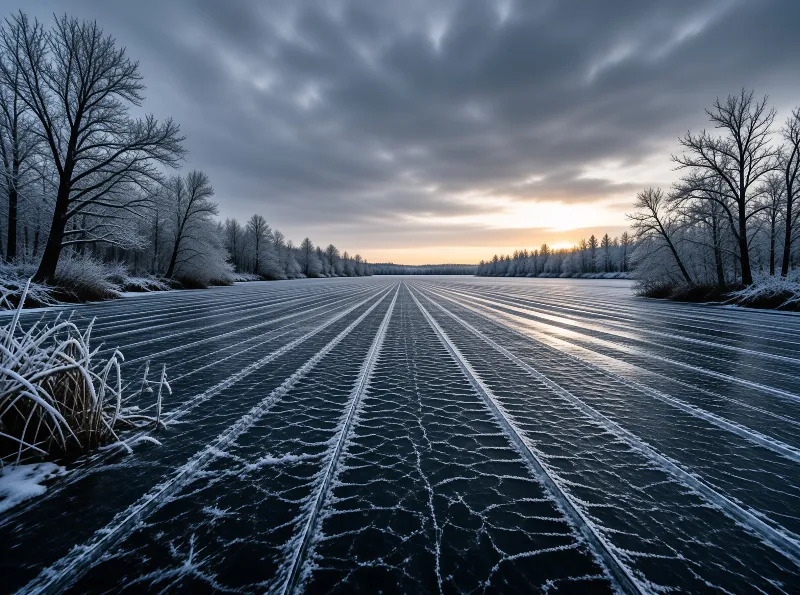 Parallel ski tracks stretch across a frozen lake toward a bright horizon while snow covered trees frame the winter landscape.