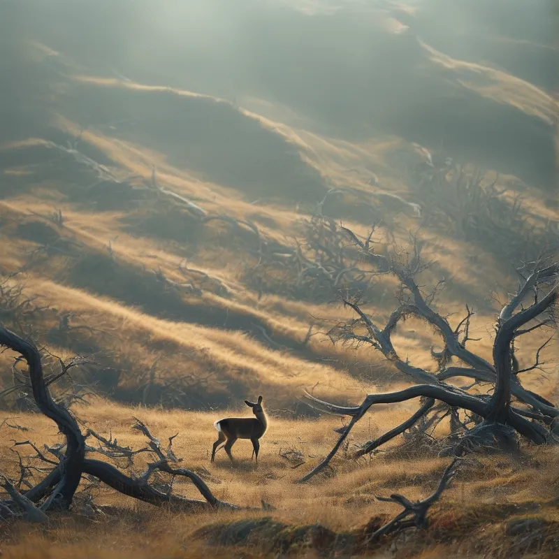 A deer stands on a misty golden hillside surrounded by twisted dead trees and soft hazy light.