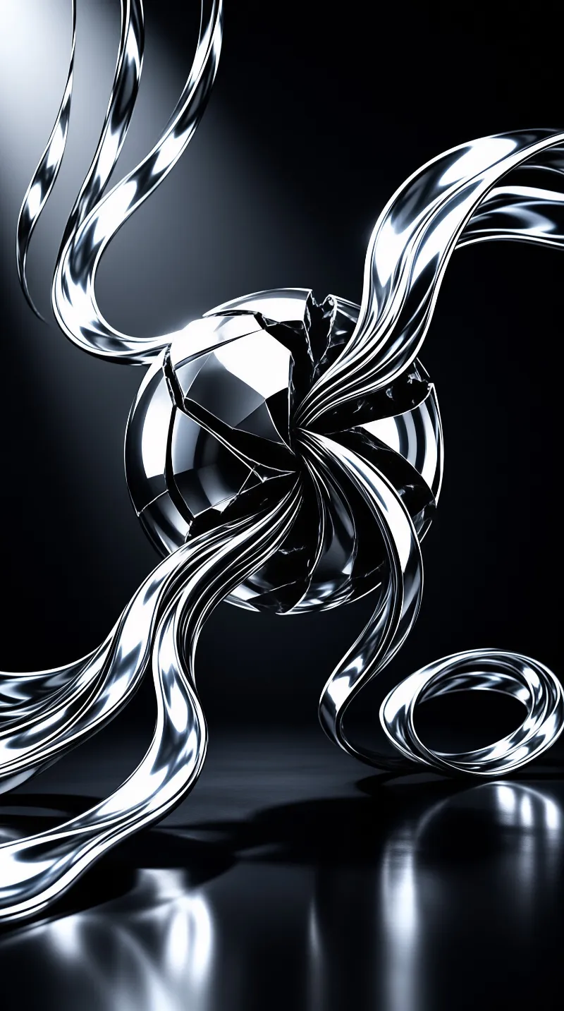 Chrome sphere with faceted surfaces sits on a glossy dark floor, wrapped by smooth metallic ribbons that twist and curl.