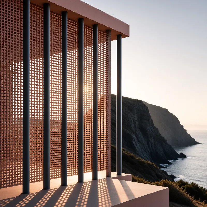Perforated screens and columns frame a view of a rocky coastal cliff and ocean under warm sunset light.