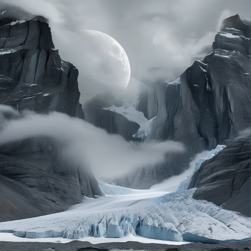 A massive moon rises above misty dark cliffs while a bright white glacier flows through the rocky valley floor.