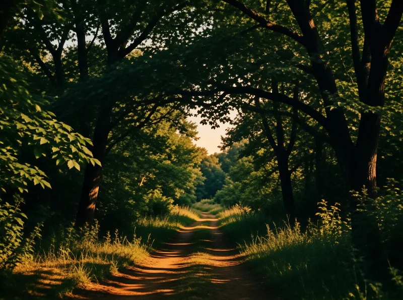 A dirt path winds through a dense forest bathed in warm golden sunlight filtering through the canopy.