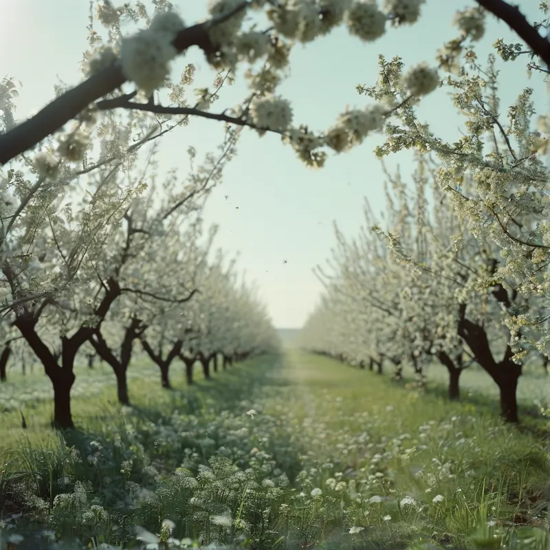 Rows of white flowering trees line a grassy path stretching into the distance under soft sunlight.