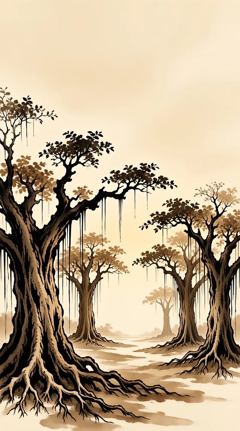 Massive banyan trees with hanging roots stand in a sepia toned landscape filled with soft mist and gentle atmospheric light.