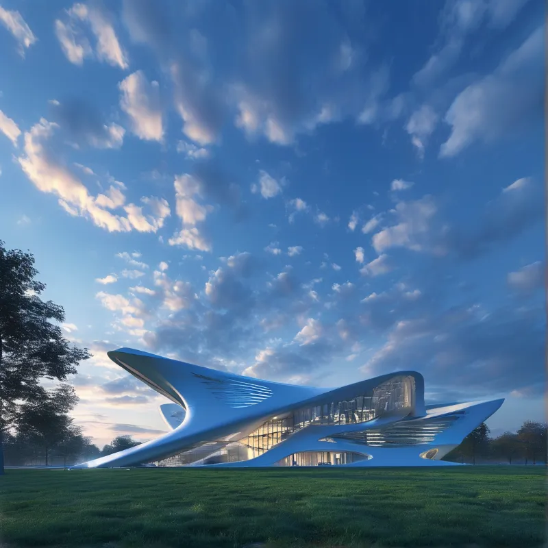 A white pavilion with sweeping curves stands on a green lawn under a blue sky with clouds at dusk.