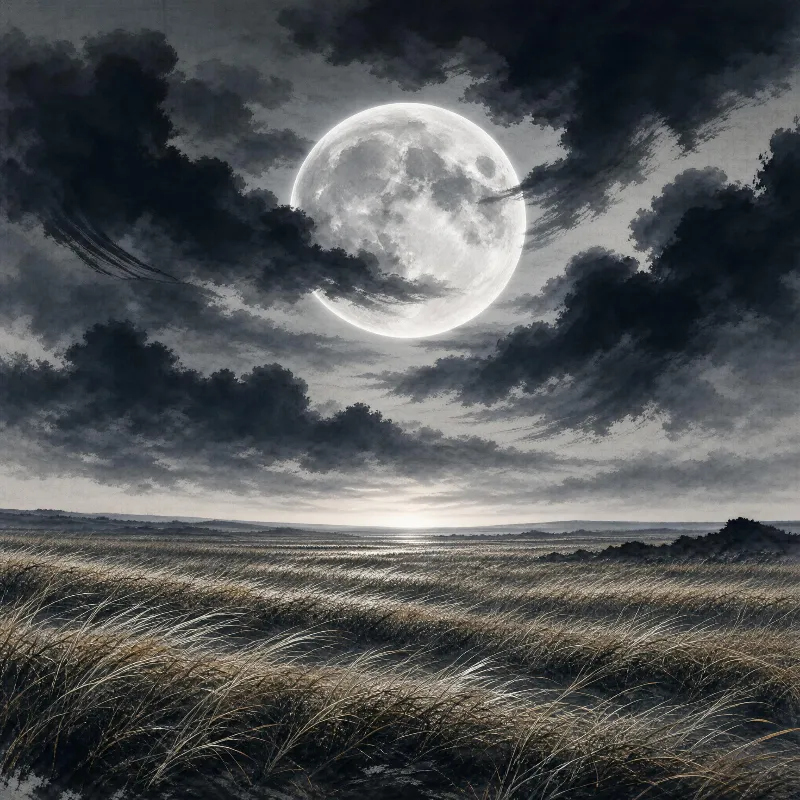 A wide grass field at dusk with a large full moon glowing in the sky surrounded by dark clouds.