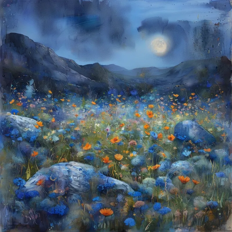 Rocky meadow filled with orange and blue flowers beneath a cloudy sky with a bright moon shining above distant mountains.