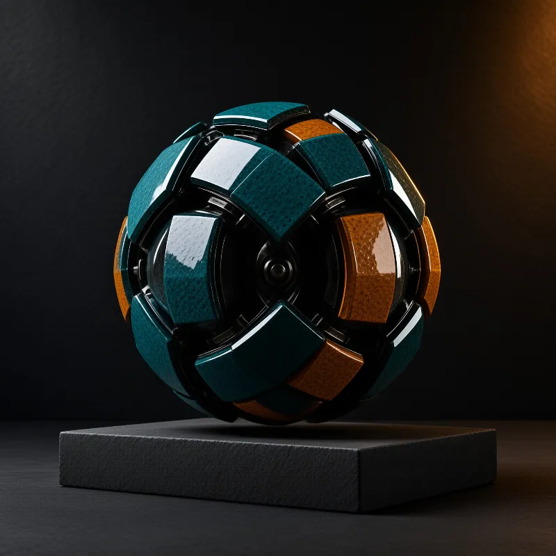 A segmented teal and orange sphere floats above a matte black square pedestal illuminated by warm side lighting.