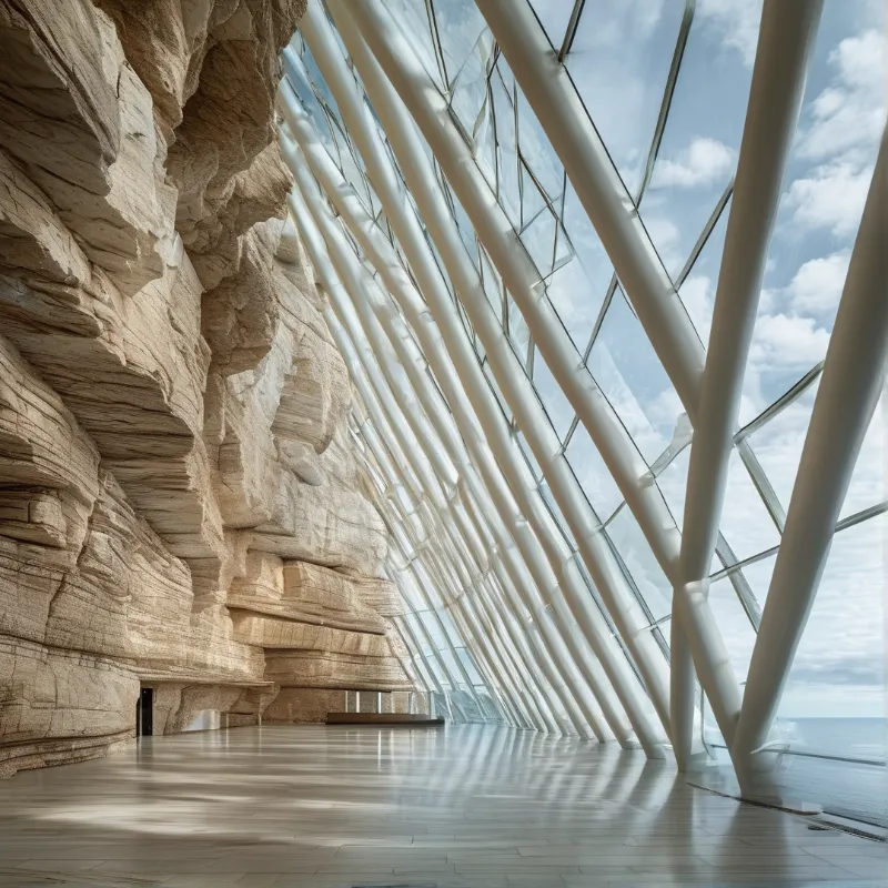 A towering beige rock wall stands beside a white framework supporting a glass ceiling that illuminates the polished floor.