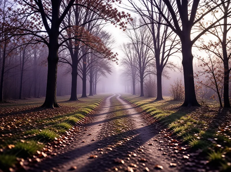A winding dirt road goes through a foggy forest with tall trees casting long shadows in the misty morning light.