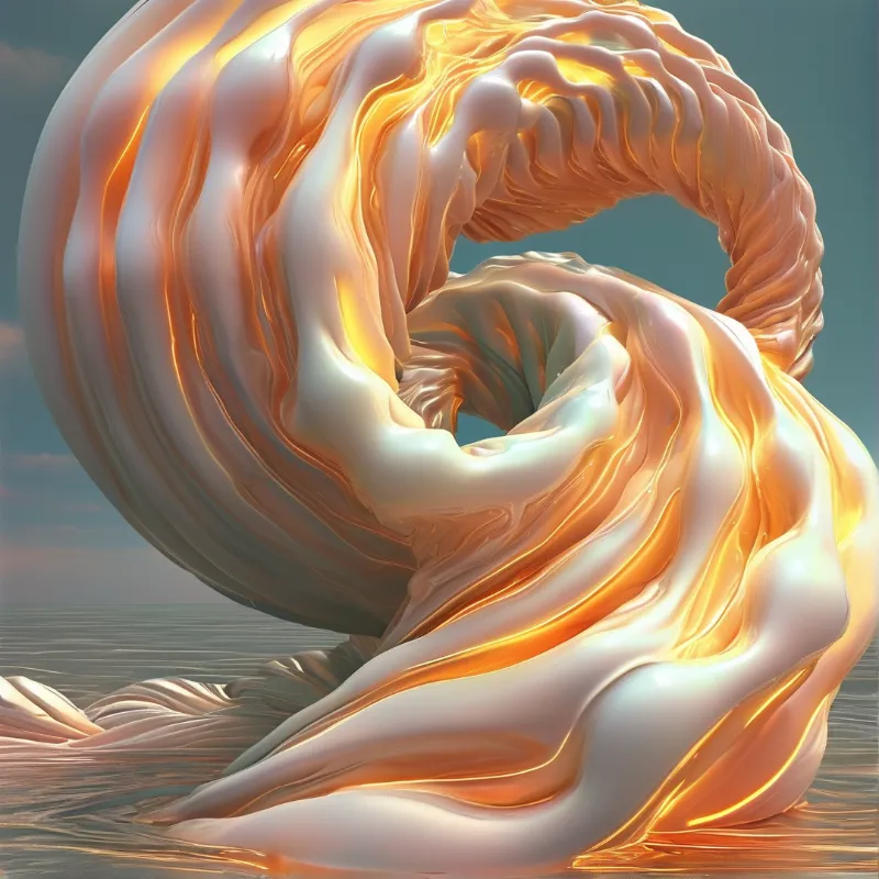 A twisting glossy golden and white silky form loops above the still horizon line of a calm sea under soft ambient light.