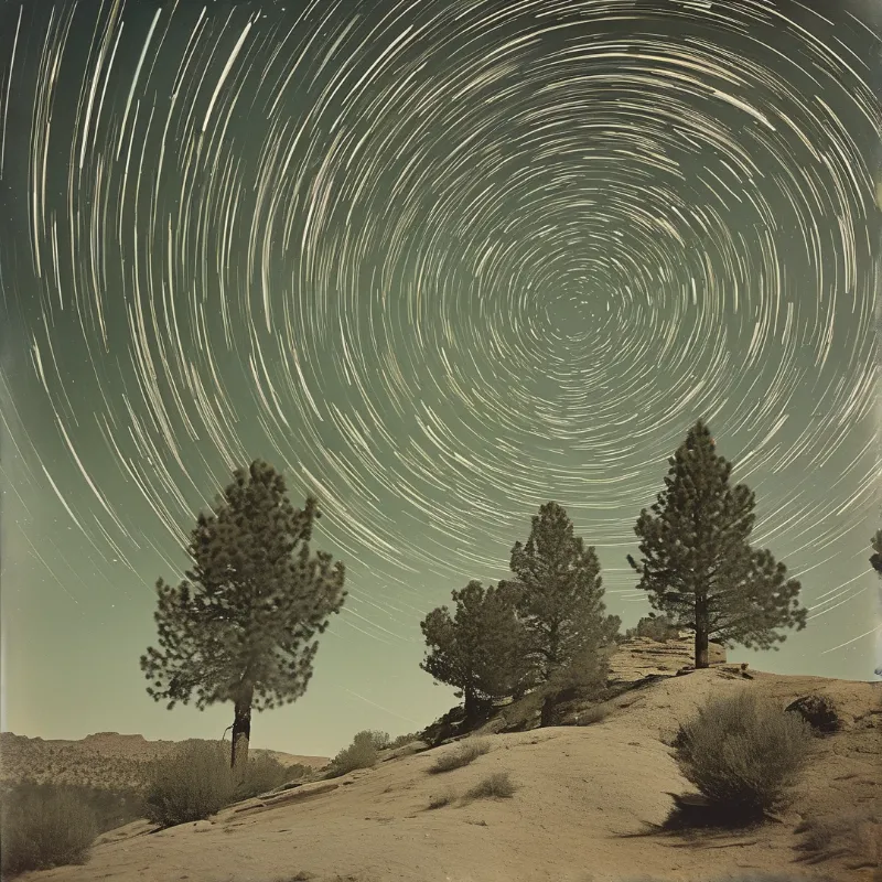 Circular star trails rotate across the night sky above a sandy landscape featuring scattered pine trees.