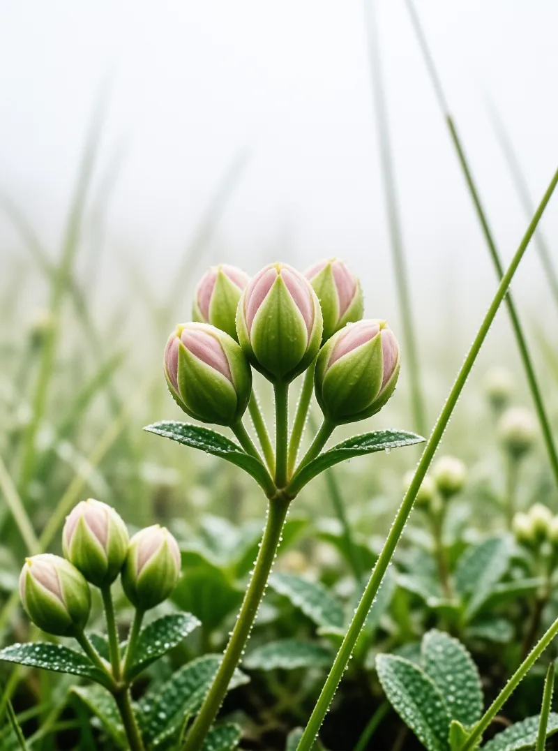 Close up view of unopened pink flower buds and green leaves covered in tiny water droplets against a blurred garden background.