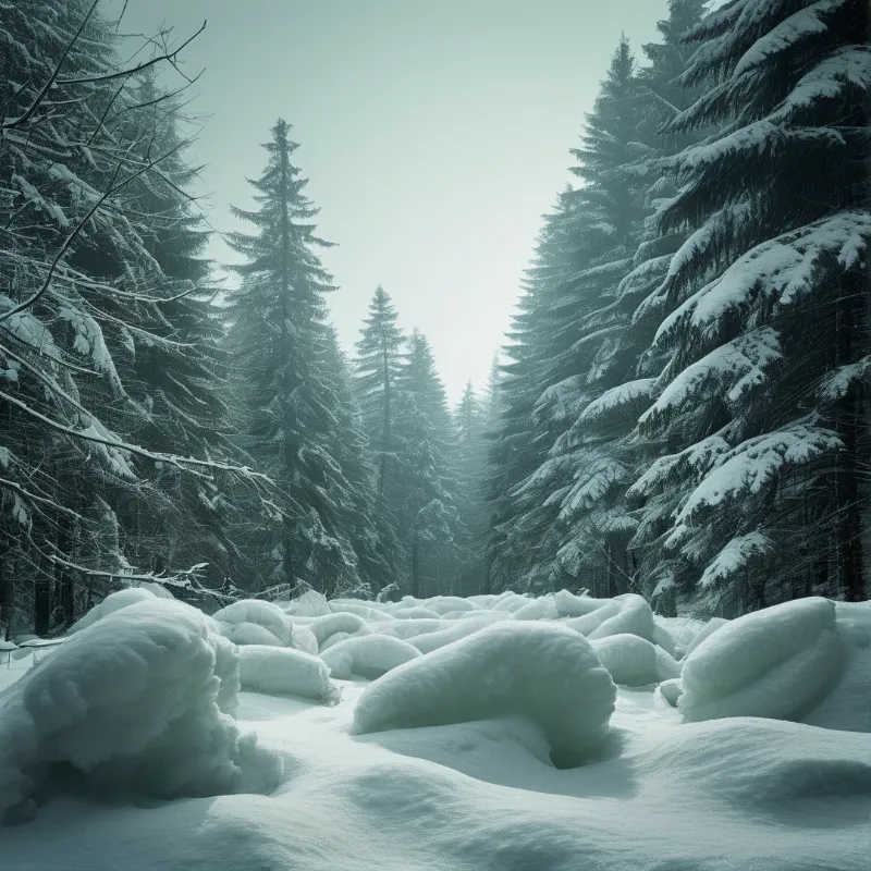 Heavy rounded drifts of fresh snow fill a quiet valley framed by frosted evergreens in pale winter haze.