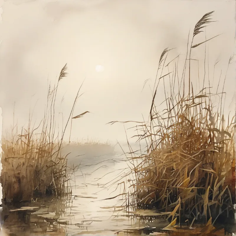 A pair of clumps of wild marsh reeds border a calm mist shrouded waterway under a low faint pale sun.