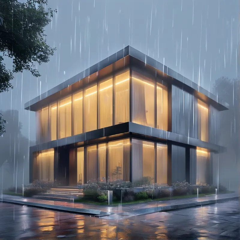 A glass building glows warmly during heavy rain as streaks fall on wet pavement and surrounding greenery.