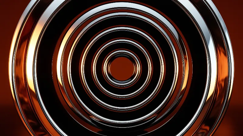 A series of shiny concentric circles catches the glow of orange lighting against a dark background.