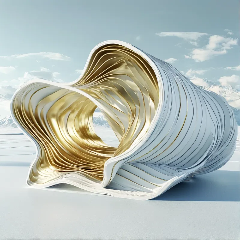 A layered white and gold sculpture rests on a snowy plain with distant mountains under a cloudy sky.