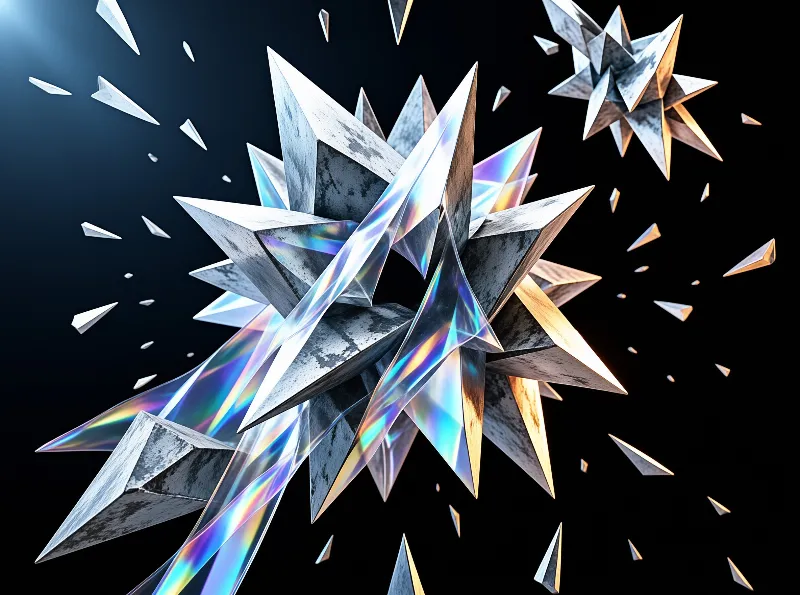 Jagged silver and iridescent structure shatters against dark blue background with scattered debris floating outward.