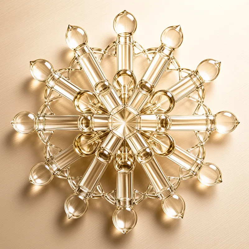 This image shows a golden radial sculpture made of glossy cylindrical segments and bulbous tips resting on a brushed metallic surface.
