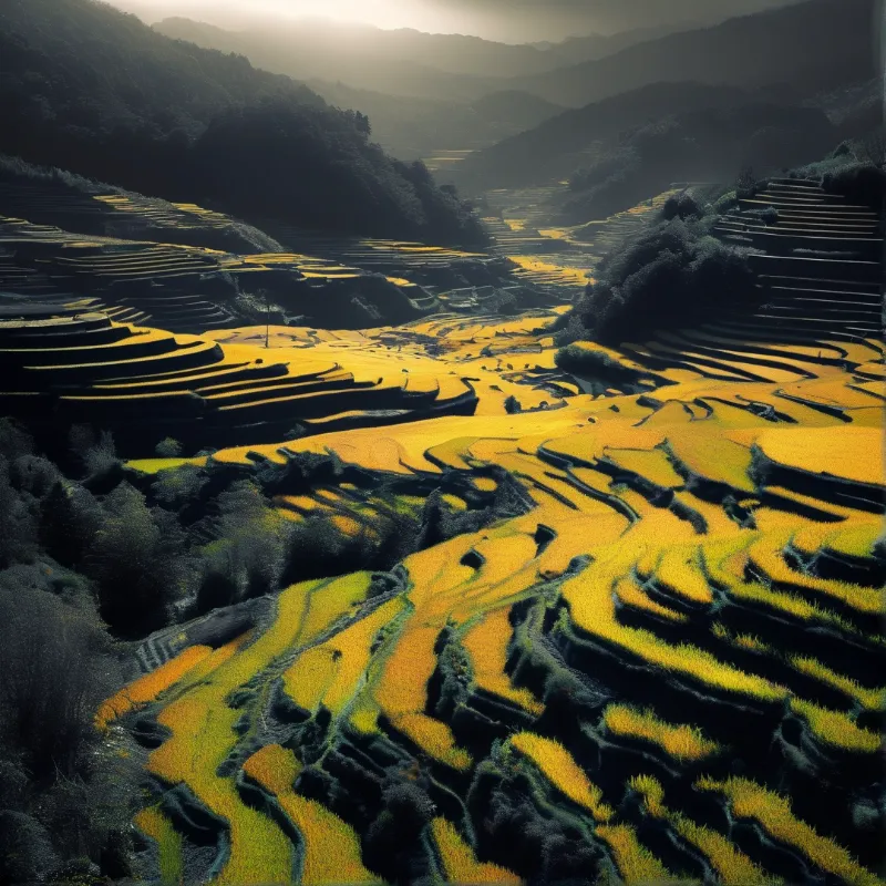 Golden harvest terraces curve down a mountain valley while dark forested ridges fade into morning haze.