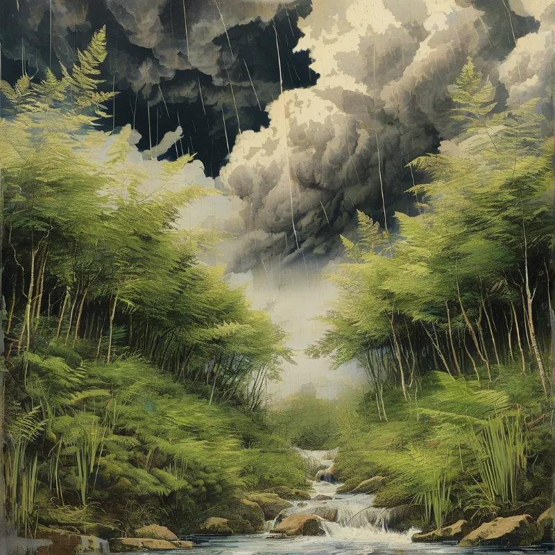 Tall ferns line a rocky stream flowing through a valley while storm clouds and rain fill the sky above the green landscape.