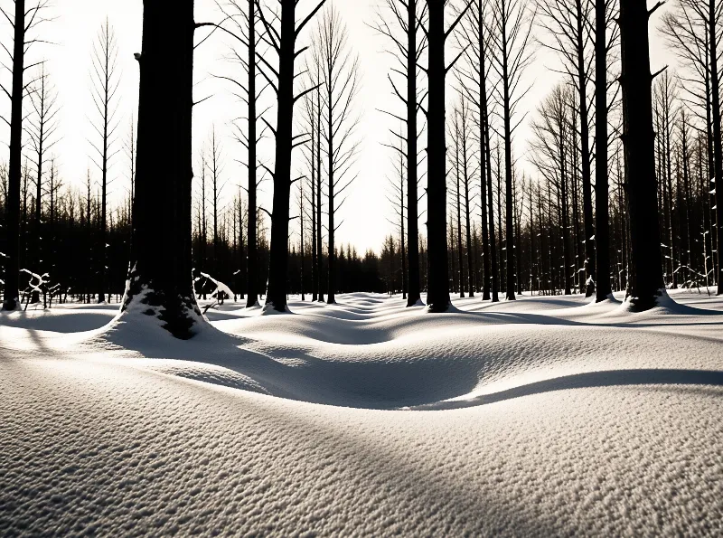 Dark vertical tree trunks rise from undulating drifts of white snow illuminated by strong low angle sunlight.