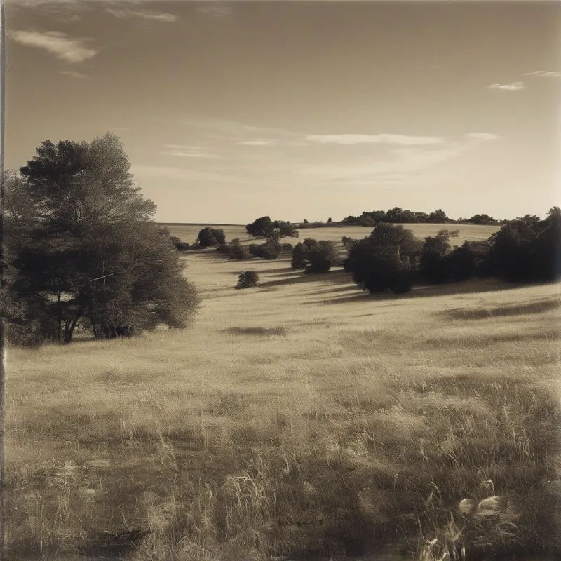 Sepia toned view of rolling grasslands scattered with dark woody trees under a pale soft overcast sky