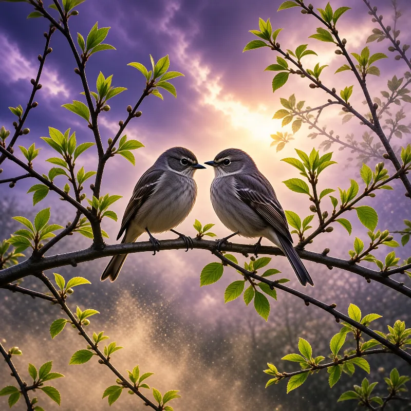 A pair of small grey birds face each other on a leafy branch while the sun glows brightly behind a cloudy purple sky.
