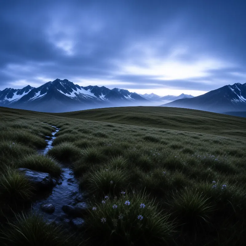 A narrow watercourse winds through dark green grass towards distant snow covered peaks beneath an overcast evening sky.