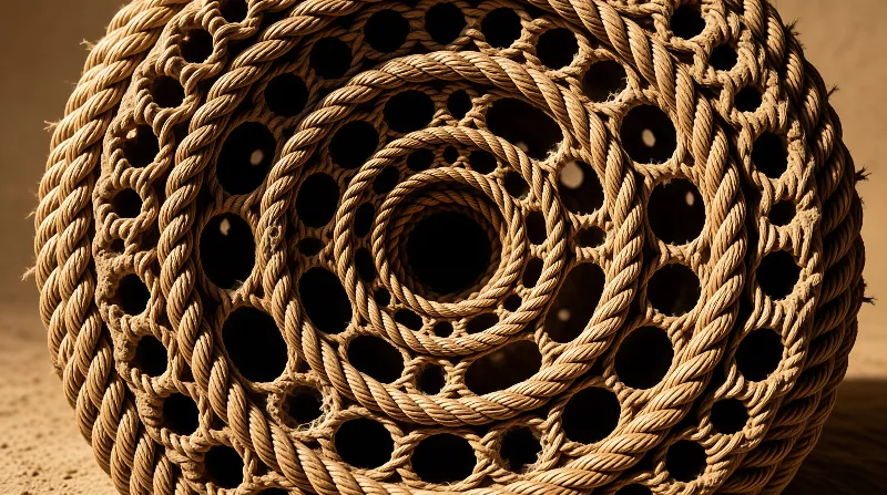 Thick braided fibers form a hollow round object with repeating geometric openings and warm highlights.