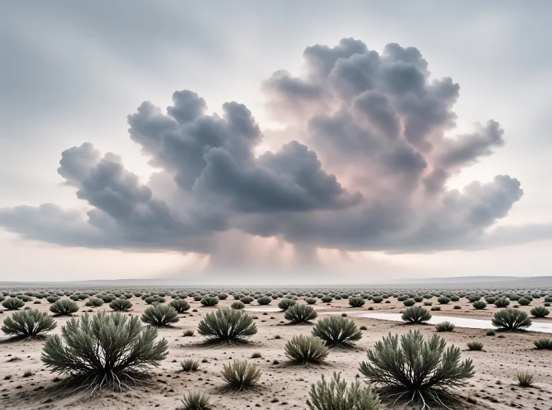Desert shrubs dot a flat sandy plain beneath enormous grey clouds releasing sunbeams.