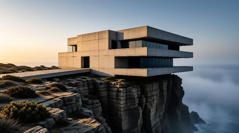 A concrete house sits on a rocky cliff with warm sunset light hitting its flat walls and dark windows above a sea of fog.