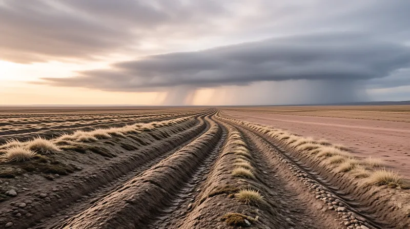 Worn parallel ruts and tufts of dry grass run straight toward dark rain curtains falling on a flat horizon.