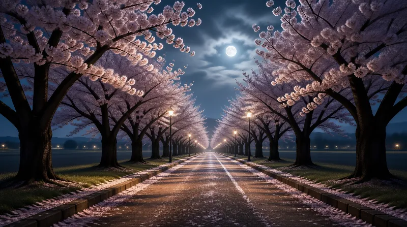 Cherry Blossom Night Path