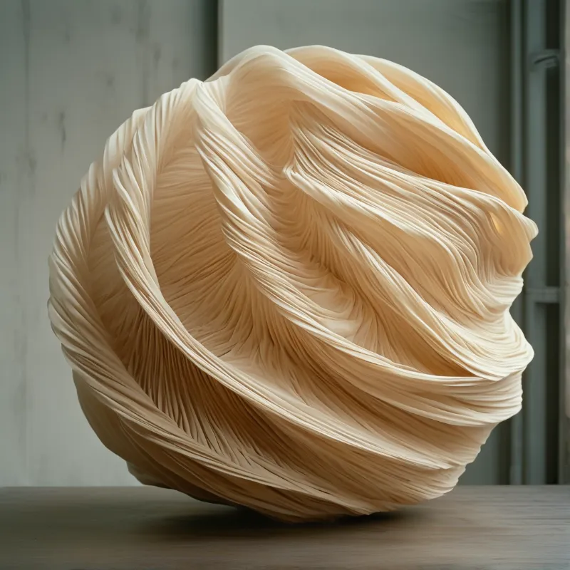 A large cream sculpture with intricate folded layers rests on a wooden table in soft light against a neutral wall.