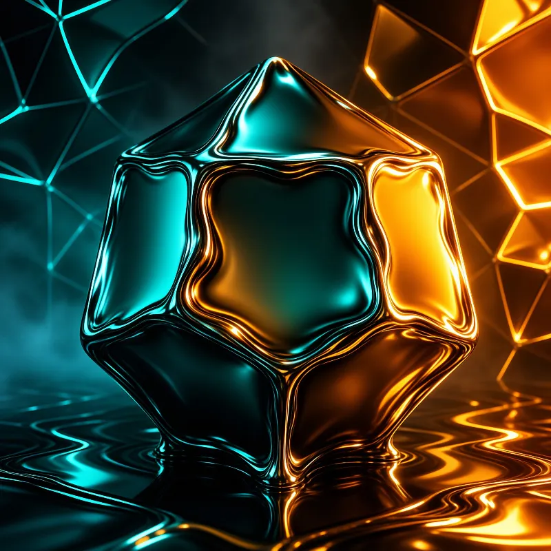 A molten metal star-shaped solid reflecting cyan and orange light above a rippling mirrored floor.