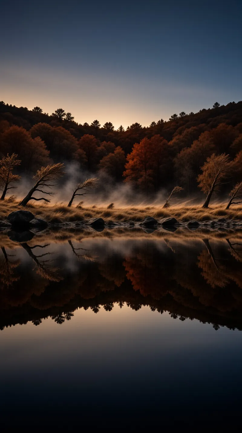 Leaning trees on a grassy bank reflect in a calm lake showing the warm sunrise glow behind a dark forest hill.