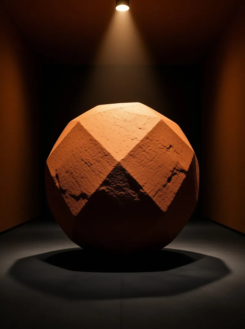 A large faceted sphere resembling a stone sculpture sits centrally in a dimly lit room while a single overhead light casts a warm glow on its rough reddish surface and distinct geometric edges creating deep shadows around the base.