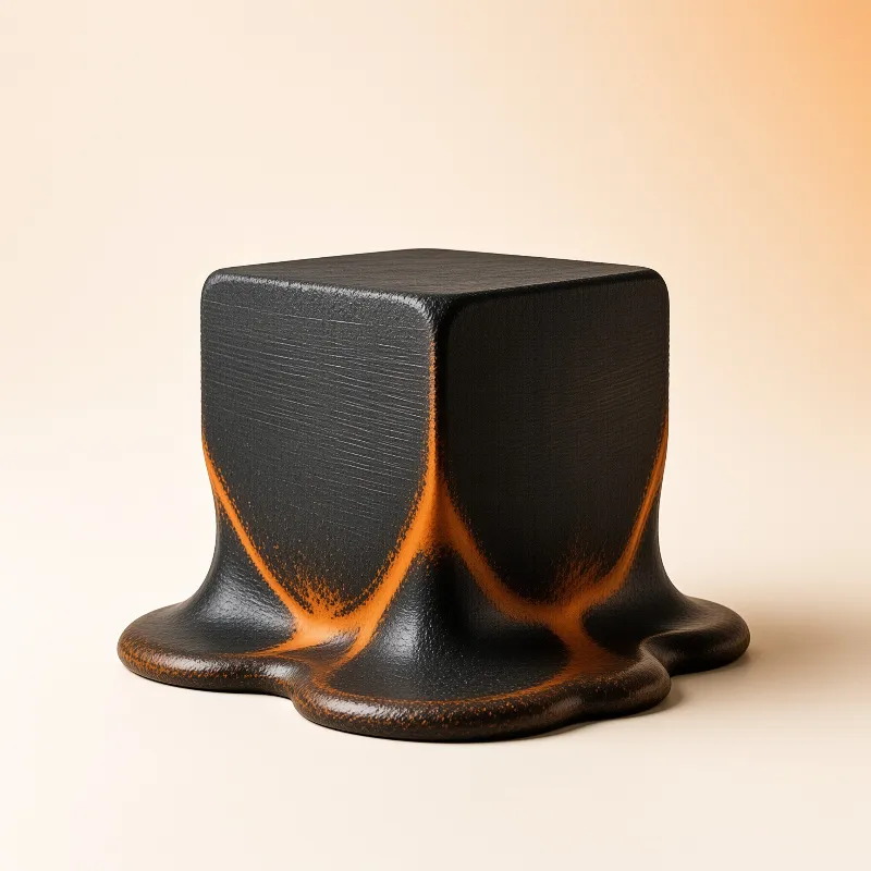 A dark shiny block dissolves at the base revealing orange textures on a gradient cream surface.