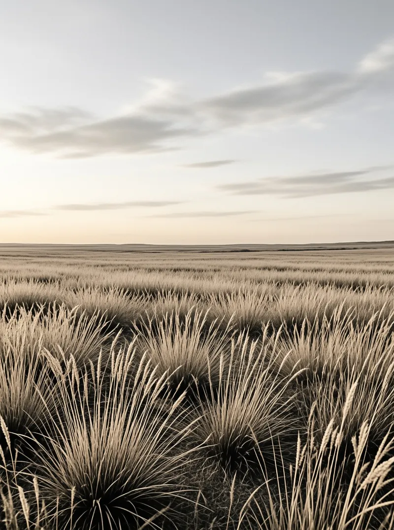 A vast field of dry feathery grasses stretches toward a flat horizon beneath a pale sky streaked with soft clouds.