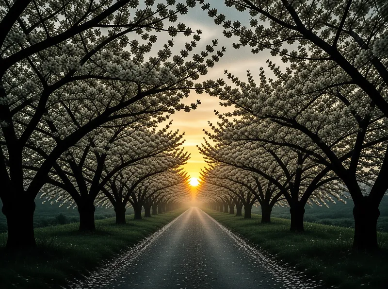 Flowering trees curve overhead along a straight lane, petals scattered on the asphalt as the sun sets.