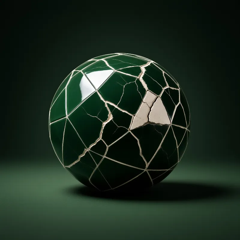 A glossy dark green sphere veined with pale cracks shows a chipped section revealing its light inner core.