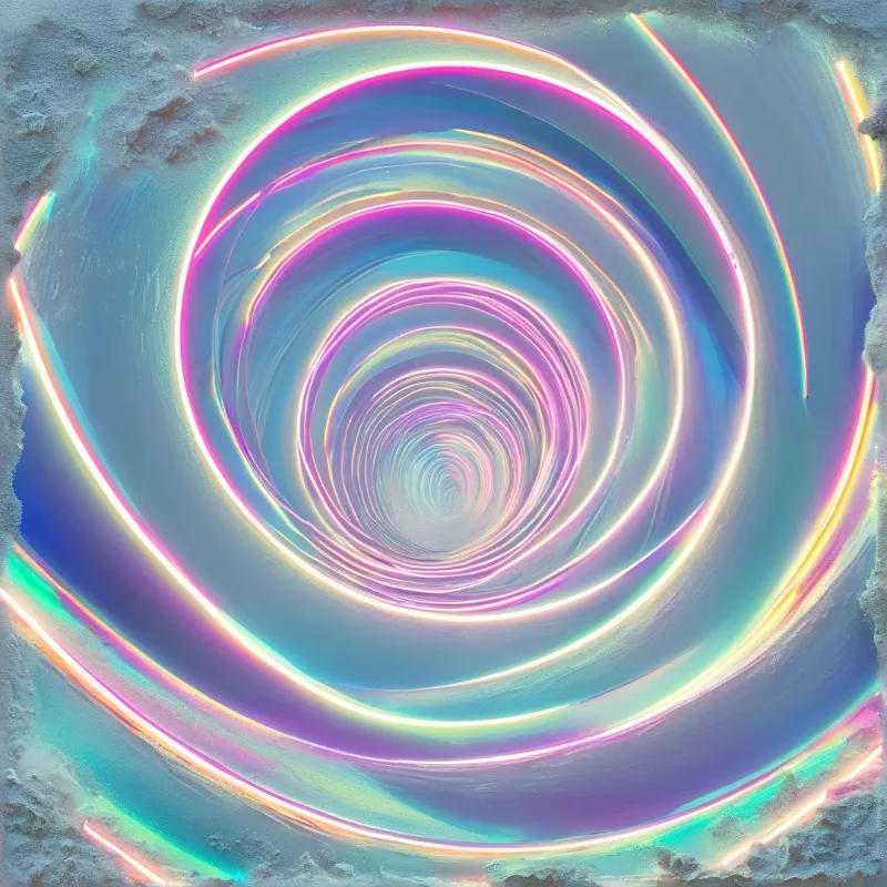 A swirling light tunnel with pink cyan and yellow hues recedes through a rough cracked rocky chamber to a distant vanishing point.