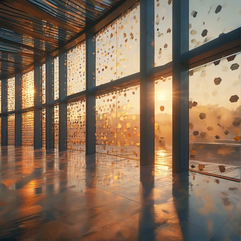 Large geometric-patterned glass panels line a polished floor as bright golden sunset light flows through the building facade.