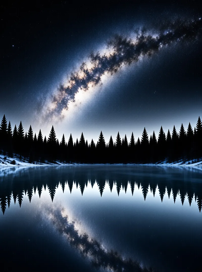 A bright band of stars curves over a dark forest while a smooth lake surface reflects the entire night sky and trees.