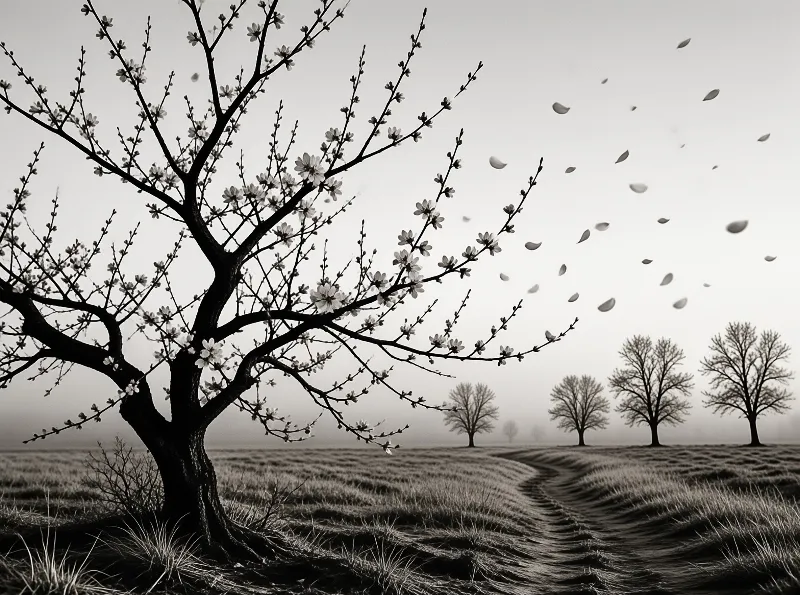 Monochrome view of a blossoming tree shedding petals beside a winding track through a foggy meadow.