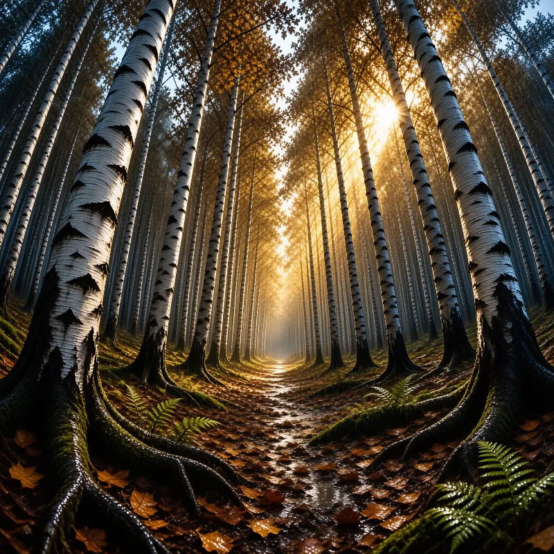 Low angle view of white birch trees lining a path while bright sunlight filters through the autumn leaves.