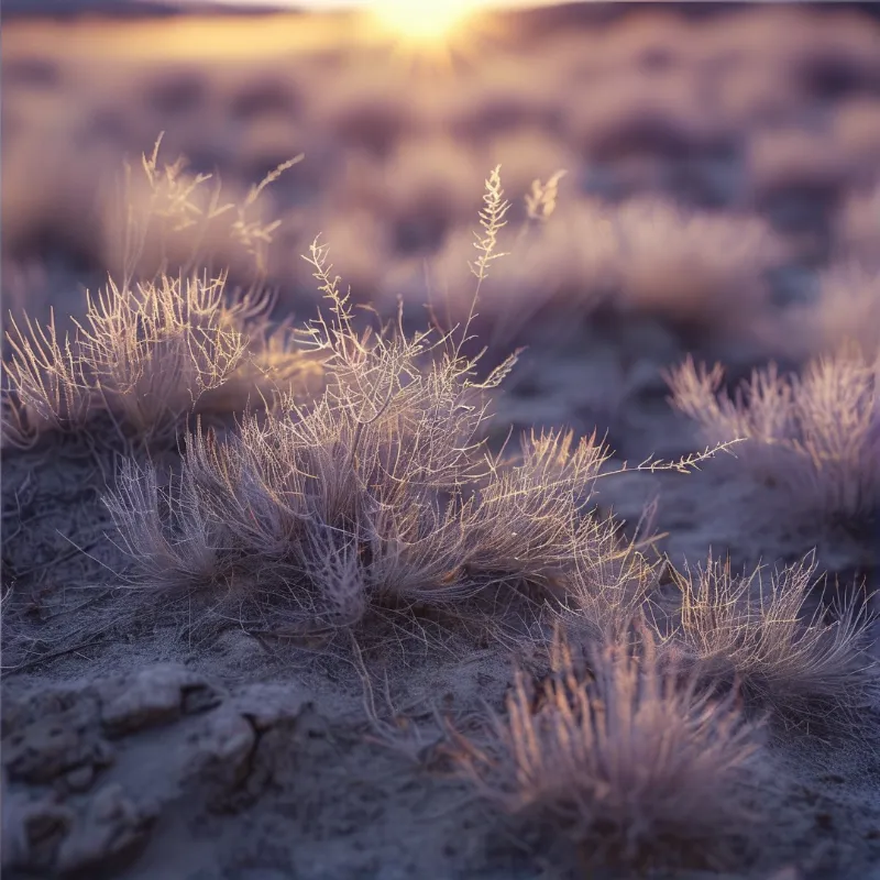 Fine dry stems catch the last light along a cracked sandy plain, with the sun flaring softly at the horizon.